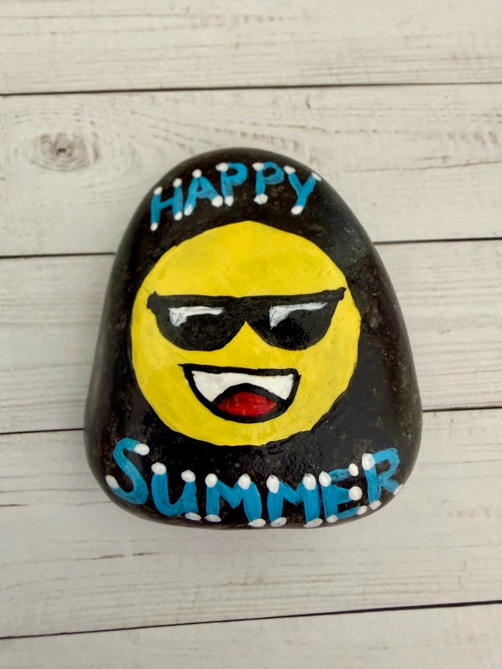 🪴 Handmade Hand Painted River Rock Garden Stone Emoji Happy Summer 😎
